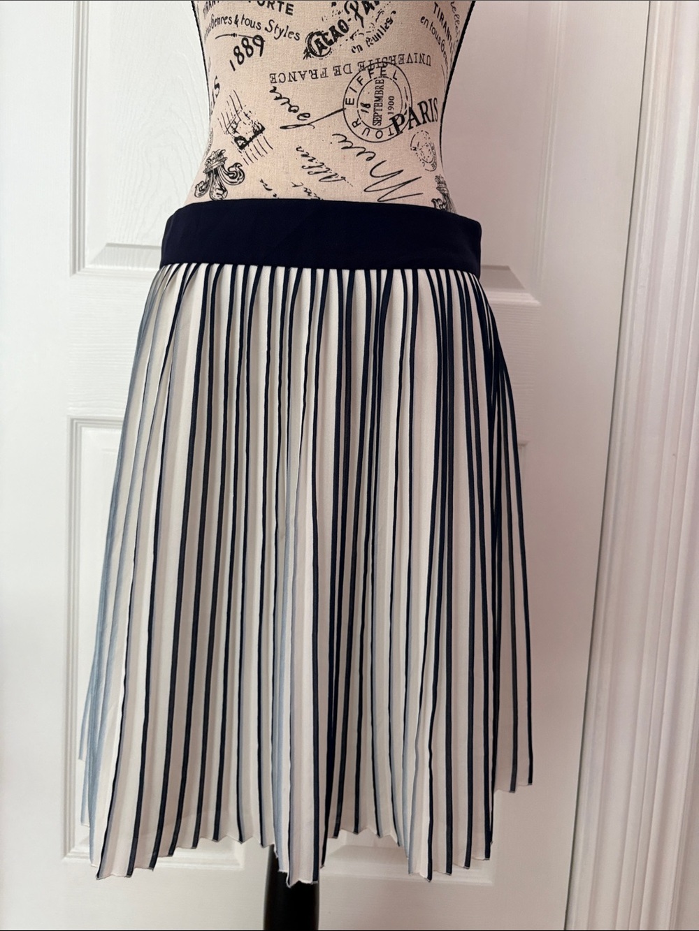 J. Crew Navy and White Striped Pleated Skirt